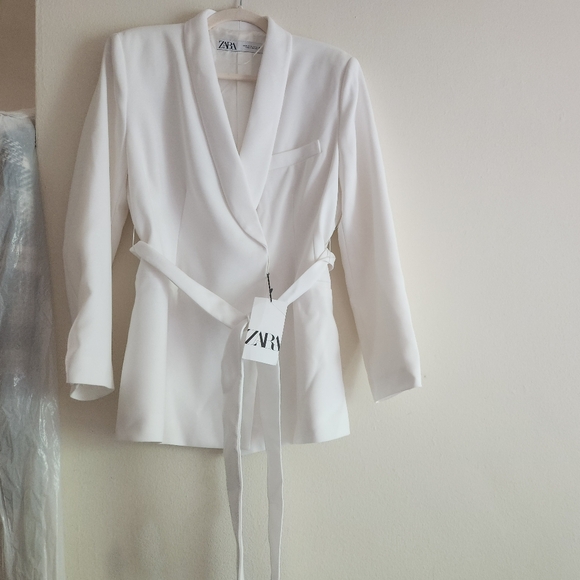 Zara Collection co-ord set Tie-belt blazer+pants white/ecru sz L NWT NO LOW BALL - Picture 6 of 11